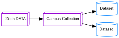 digraph data {
   rankdir="LR"
   node [shape=box3d, fontname="Arial", fontsize=10, color=DarkViolet]
   "Jülich DATA" -> "Campus Collection" -> {
       node [shape=cylinder, color=DodgerBlue]
       "Dataset" "Dataset "
   }
 }